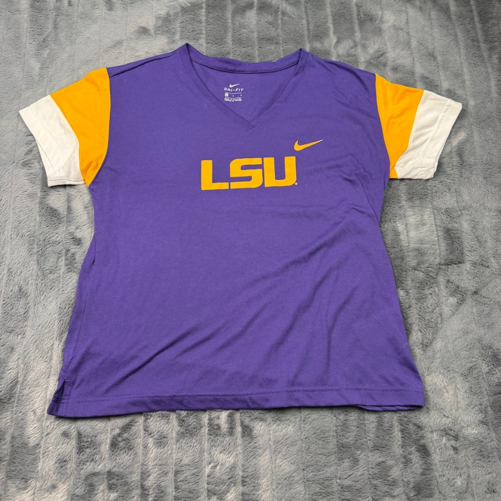 Nike LSU Tigers Dri-FIT V-Neck T-Shirt Womens L Purple Gold Colorblock 15442